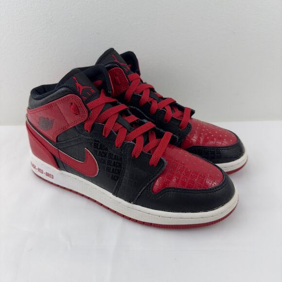 Nike Air Jordan 1 Mid Bred‎ Text black red and white shoes - Picture 1 of 8